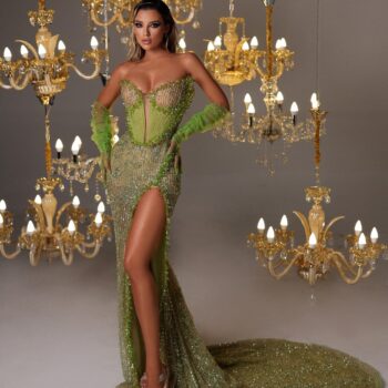 Crystal Green Long Dress with Side Slit