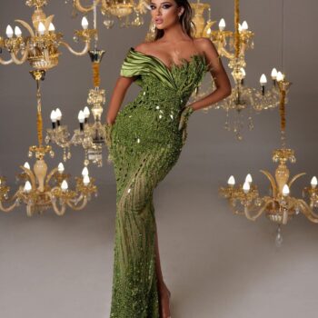 Green Embellished Dress with One Satin Shoulder