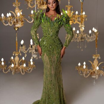 Long Green Embellished Dress with Feathers