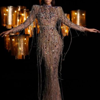 Long Rhinestone Gold Fringe Dress