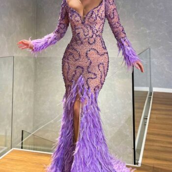 Long Sleeve Feathered Purple Dress