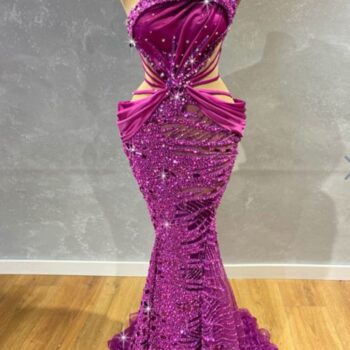 One Sleeve Long Train Purple Dress