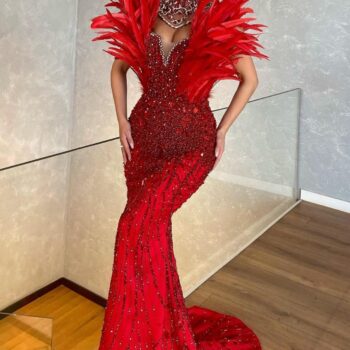 Red Beaded Dress with Feathers