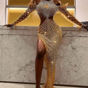 Side Cut-Out Gold Beaded Dress