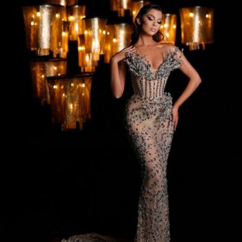 Silver Rhinestone Long Dress with Boning Corset