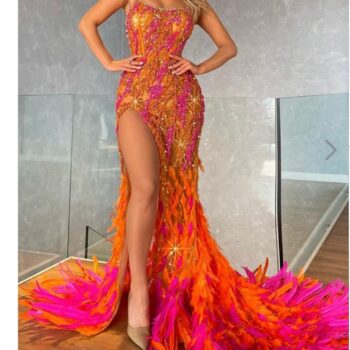 Spaghetti Straps Feather Evening Gown