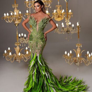 Strapless Green Embellished Feathered Dress