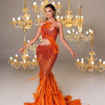 Waist Cut-Out Orange Feathered Mermaid Dress